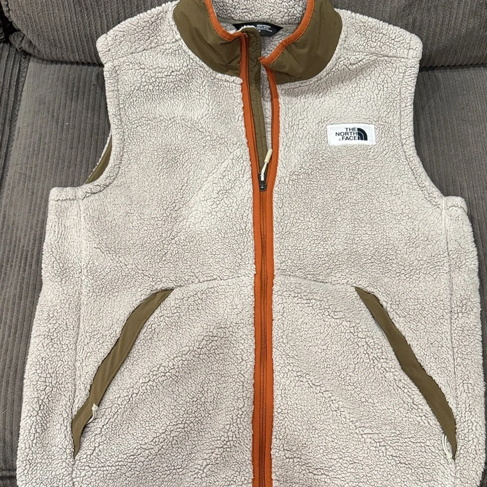 The North Face Cream Sherpa Fleece Vest with Olive Trim and Orange Zipper - Picture 1 of 4